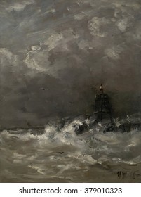 Lighthouse in Breaking Waves, by Hendrik Willem Mesdag, c. 1900-07, Dutch painting, oil on panel. The lighthouse was installed in Scheveningen in the early 20th century.