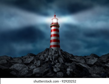 Lighthouse Clearing The Path On A Rock Mountain As A Strategic Guidance Symbol With A Beaming Directional Light As A  Business Concept For The Way Forward With A High Tower For A Financial Venture.