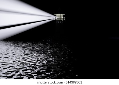 Lighthouse in darkness, landscape view, 3d rendering
