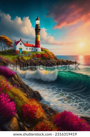 Lighthouse with a house on the seashore. Wave with a rocky shore. Oil painting
