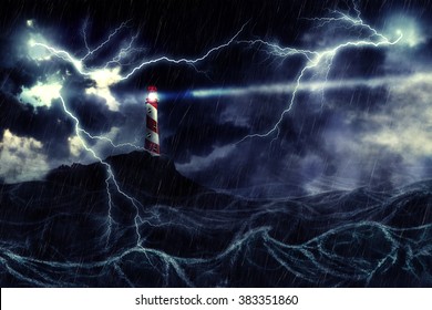 Lighthouse Illuminated At Night Stormy Sea In Thunderstorm, Digital Illustration.