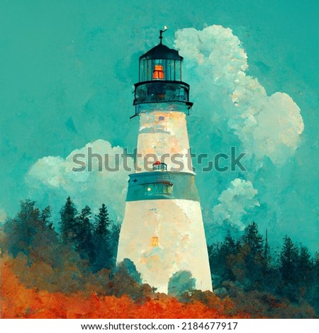 Lighthouse landscape illustration.  Coastline landscape painting with beacon