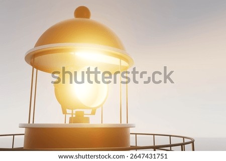 A lighthouse with a light shining on it. The lighthouse is orange