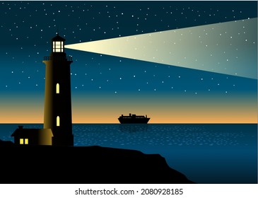Lighthouse in the night ocean 