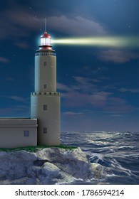 Lighthouse at night over a dramatic seascape. 3D illustration.