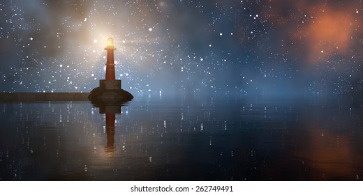 lighthouse on the coast and sunset reflected in water