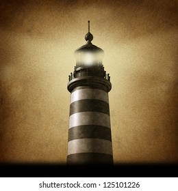 Lighthouse On An Old Grunge Parchment Texture Clearing The Path As A Strategic Guidance Symbol With A Beaming Light As A Business Icon For The Way Forward With A High Tower For A Financial Venture.