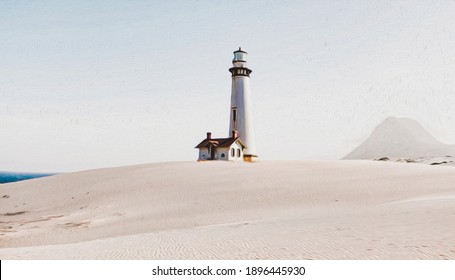 
Lighthouse on the sandy shore. Oil painting imitation. 3D illustration. 