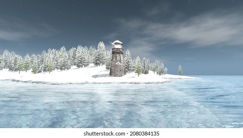 the lighthouse on the sea with snow, 3d illustration