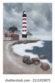 Lighthouse on a winter beach, rocks and a bay.