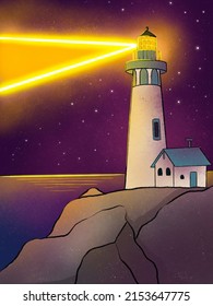 Lighthouse, sea, night starry sky. Northern landscape, hand drawn illustration