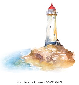 Lighthouse And Seascape Watercolor Illustration