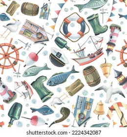 Faro, barcos, volantes, anclas, peces y objetos sobre el tema de la PESCA MARÍTIMA. Ilustración de acuarela. Patrón sin brillo en un fondo blanco. Para la decoración y el diseño de las impresiones