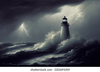 Lighthouse In A Storm With Thunder, Lightning And Big Waves. Digital Illustration And Epic Ocean Landscape