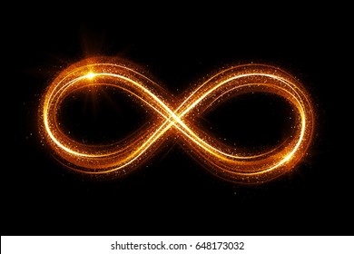 Lighting 3d infinity symbol. Beautiful glowing signs.
Sparkling rings. Swirl icon on black background.
Luminous trail effect. Colorful isolated sparkling loop. 3D illustration