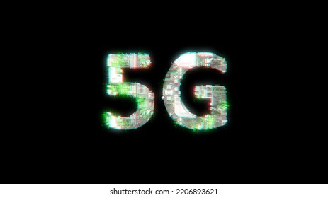 Lighting Cybernetical Text 5G On Black -  Universe Concept, Isolated - Object 3D Illustration
