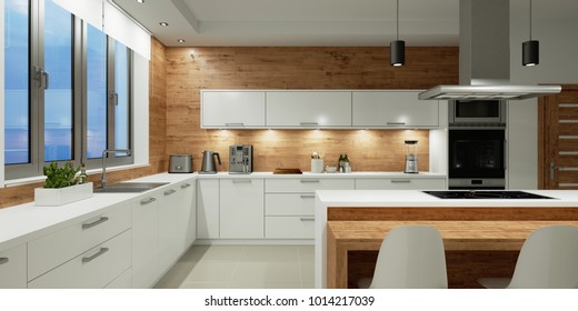 Lighting in white kitchen with dining area at night (3D Rendering)