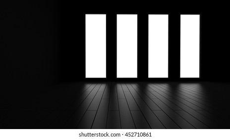 Lighting from windows of dark side, 3d illustration.