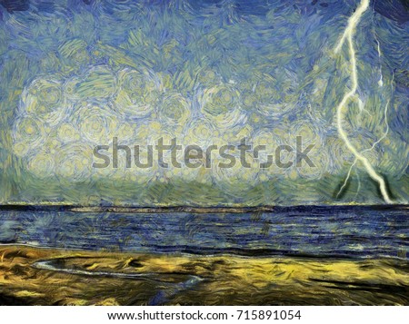 Lightning in the sky over the sea. Hand drawn painting picture. Van Gogh style.