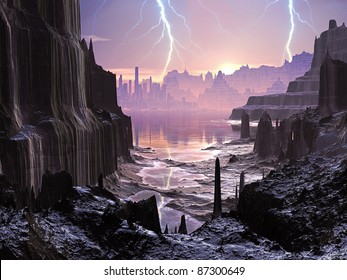Lightning Storm over Alien Glowing City