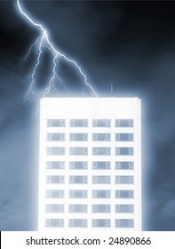 Lightning strike and glow effect applied to office block