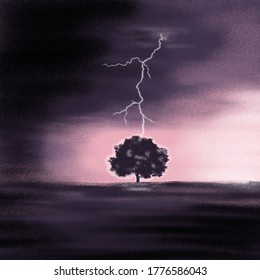Lightning strikes a tree standing alone. Background illustration.