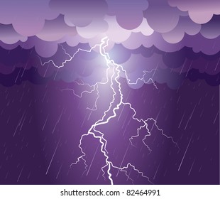 Lightning strike.Vector rain image with dark clouds .Raster