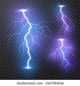 Lightning. Thunder Storm Realistic Lightnings Set. Magic And Bright Light Effects. Illustration