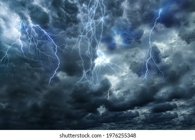 Lightnings in dark cloudy sky during thunderstorm - 3D Rendering