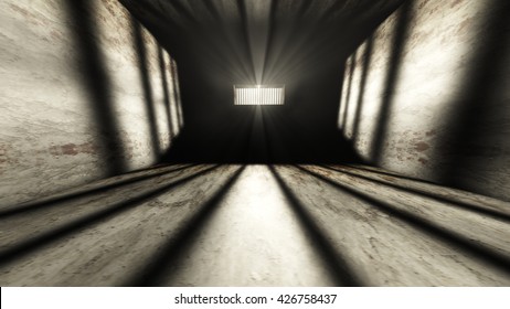 Lightrays Shine Through Rails In Demolished Solitary Confinement Prison Cell 3D Illustration