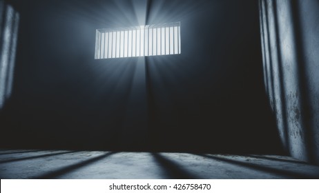 Lightrays Shine Through Rails In Demolished Solitary Confinement Prison Cell 3D Illustration