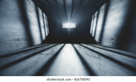 Lightrays Shine Through Rails In Demolished Solitary Confinement Prison Cell 3D Illustration