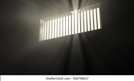 Lightrays Shine Through Rails In Demolished Solitary Confinement Prison Cell 3D Illustration