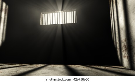 Lightrays Shine Through Rails In Demolished Solitary Confinement Prison Cell 3D Illustration