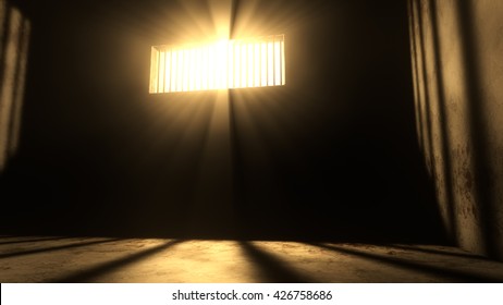 Lightrays Shine Through Rails In Demolished Solitary Confinement Prison Cell 3D Illustration