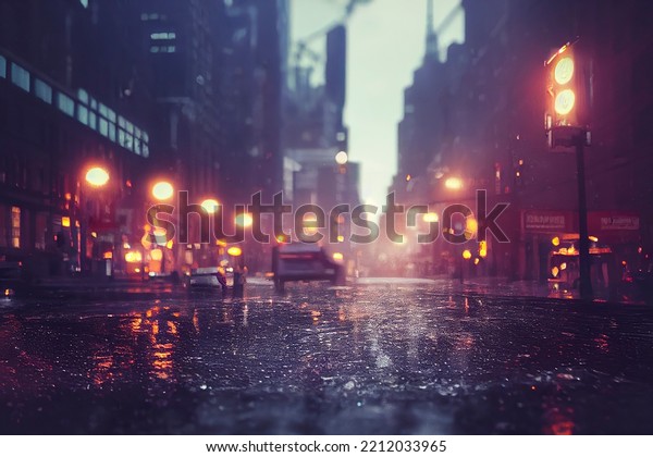Lights and shadows of a modern city, cars in\
the street after rain, reflections on wet asphalt, photorealistic\
illustration