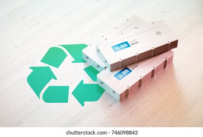 Li-Ion Electric Vehicle Battery Recycling Concept. Recycle Symbol With EV Batteries On Wooden Desk. 3d Rendering.