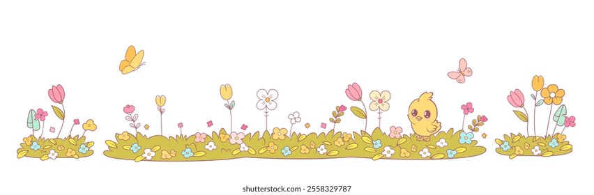 Like child doodle summer meadow illustration. Crayon, pastel chalk or pencil simple funny sketch flower, meadow. Border copy space background - Powered by Shutterstock