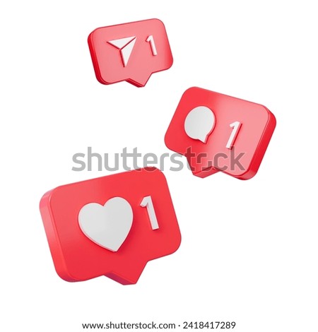 Like, comment, direct message in speech bubble icon isolated on empty background. Love like heart social media notification icon. Emoji, chat and Social Network. 3d rendering, 3d illustration.