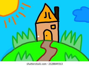 Like hand children draw and crayon  marker   paint  pencil castel  Children draw house and the view  Idea for drawing  Simple   easy  Can use to background  story telling  child book  etc  