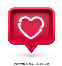 Like Heart Icon On A Red Pin Isolated On White Background. Neon Like Symbol. 3d Render
