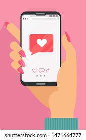 Like Mobile Mobile Concept. Female Hand Holding Smartphone With Heart Emoji Message On Screen, Like Button. Love Confession, Like. Social Network And Mobile Device. Flat Cartoon Illustration..