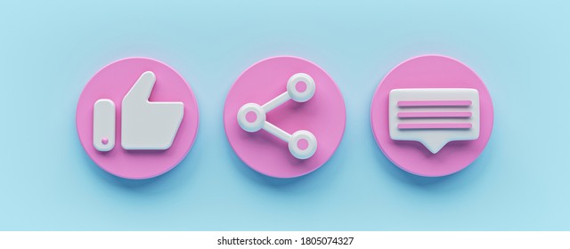 Like, share and comment. Social network signs, icon set. minimal design. 3d rendering
