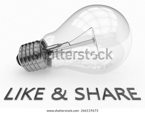 Like and Share - lightbulb on white\
background with text under it. 3d render\
illustration.