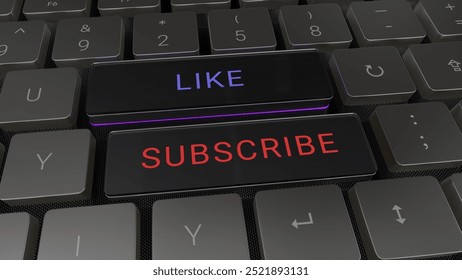 Like subscribe button written on the keys. Computer 3D keyboard words. Social network connection. 3D Illustration - Powered by Shutterstock