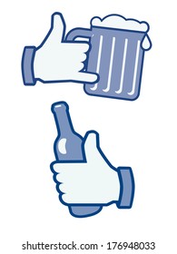 Like/thumb Up Icon/hand Holding Beer Bottle And Glass With Foam. Isolated On White Background.