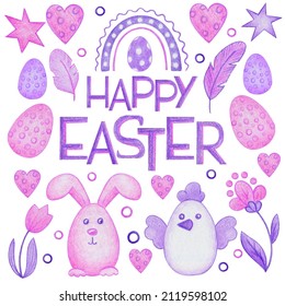 Lilac set, Easter collection of cute drawings drawn with colored pencils, isolated on a white background, postcard design elements, stickers