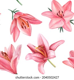 Lilies On An Isolated Background. Watercolor Painting Floral Seamless Patterns. Lily Flower