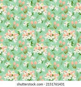 Lily And Tulip Seamless Repeat Pattern - Peach and white with green backgroup - 300DPI