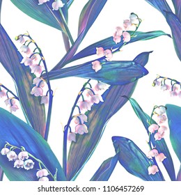 Lily Of The Valley Seamless Pattern. Watercolor Background.